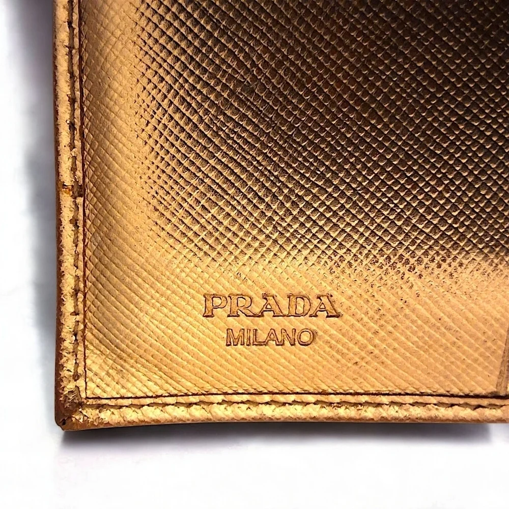 Prada Saffiano Leather Compact Wallet in Metallic Oro Gold with COA